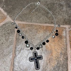 Western Cross necklace. Black and Silver Beads